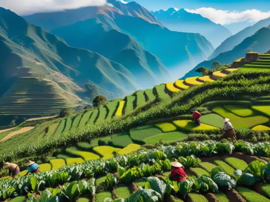 Maravilloso paisaje andino con terrazas de caigua y agricultores