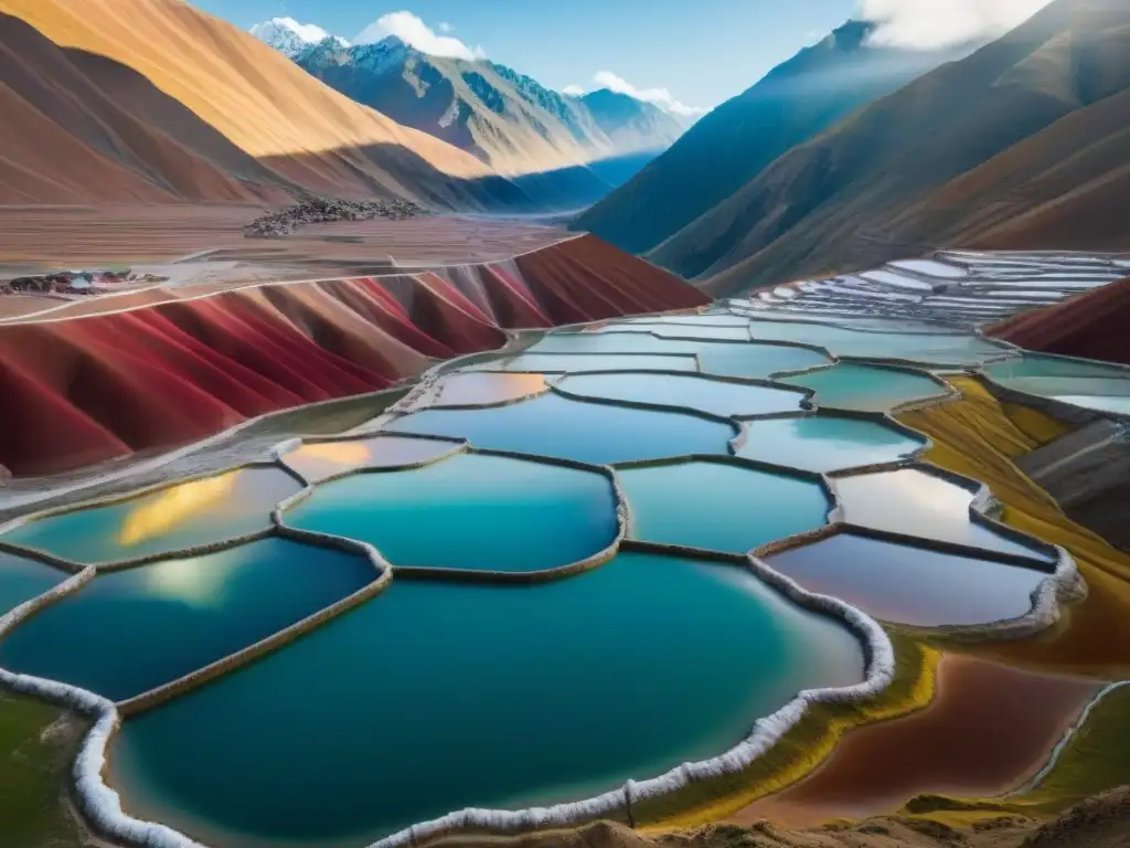 Maravilloso paisaje de Sal de Maras en gastronomía peruana, con lagunas de sal brillantes en terrazas andinas