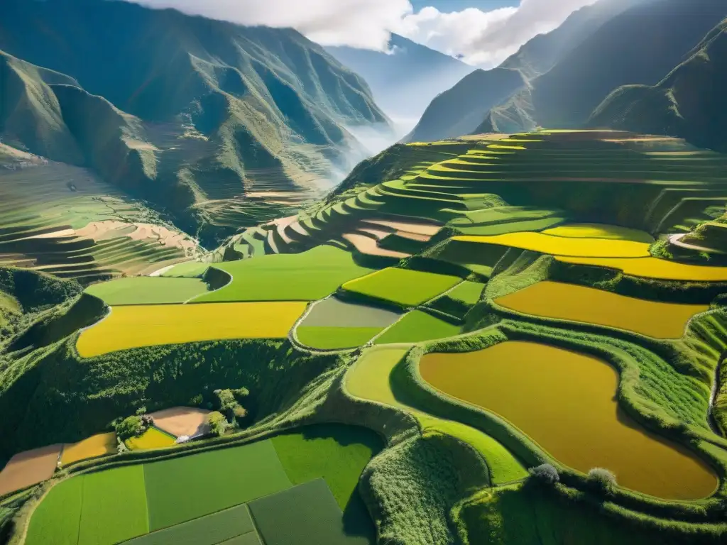 Maravilloso paisaje de terrazas agrícolas en los Andes peruanos, mostrando la sinergia entre microclimas peruanos y agricultura sostenible