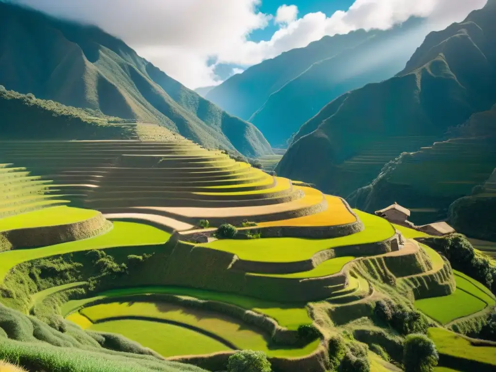 Maravilloso sistema agrícola en terrazas de Moray, Perú, con estructuras incas y montañas andinas