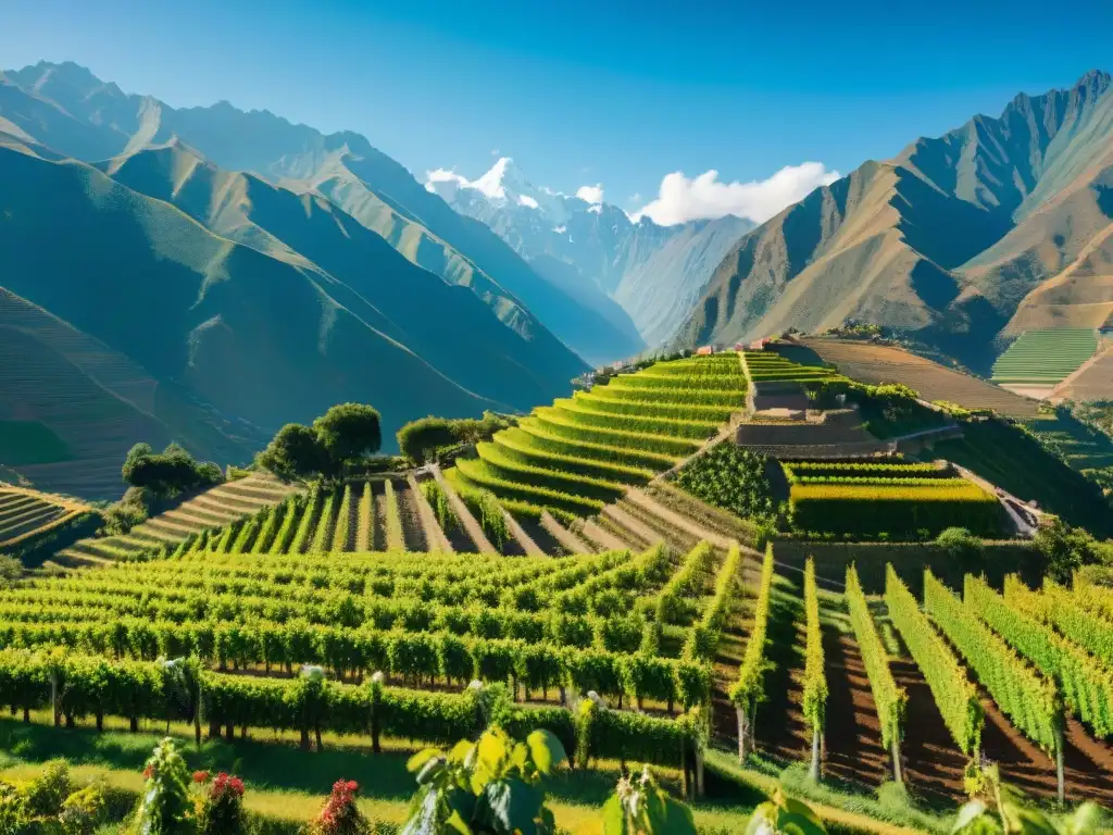 Maravillosos viñedos peruanos con la majestuosa cordillera de los Andes de fondo, destacando el maridaje piscos vinos peruanos sabores