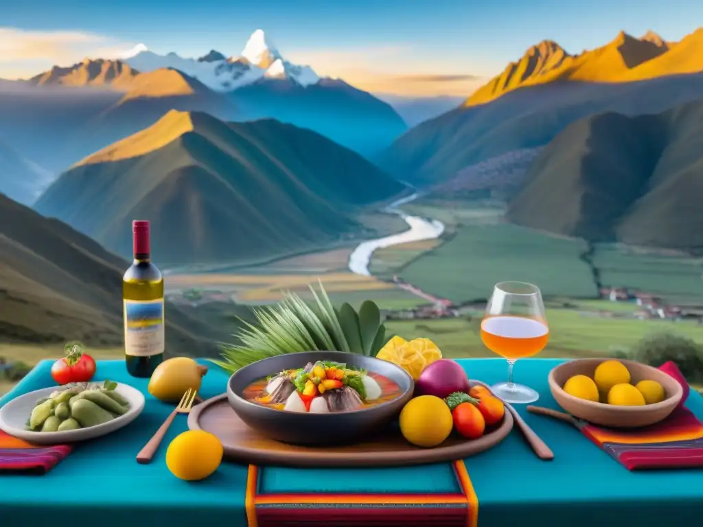 Maridaje perfecto: mesa peruana en los Andes con Pisco, vino y platos típicos, resaltando la riqueza culinaria