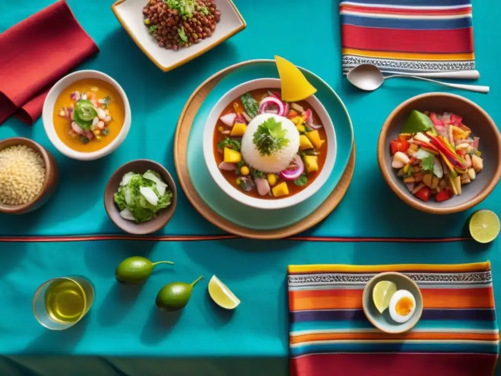 Maridaje de pisco y gastronomía peruana en una mesa exquisitamente decorada con ceviche, lomo saltado, causa rellena y cócteles de colores vibrantes