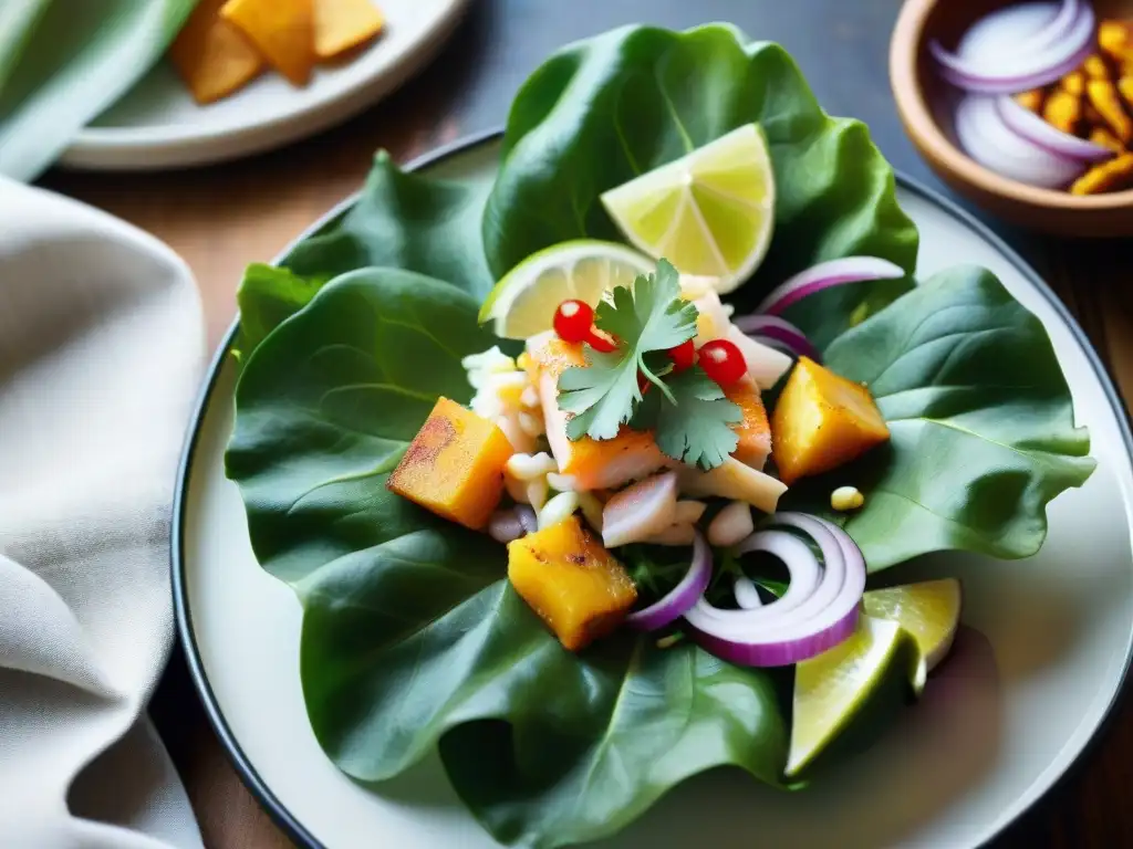 Maridaje pisco gastronomía peruana: Ceviche peruano tradicional con pisco, limón y cilantro en una presentación elegante