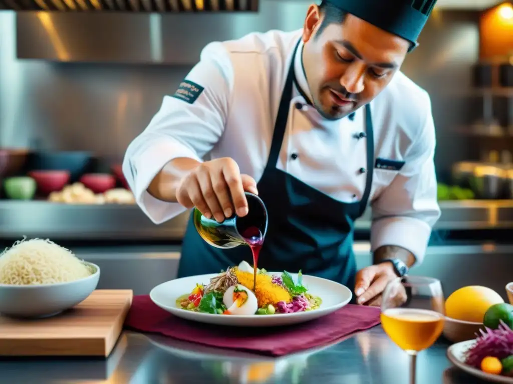 Maridaje de Pisco y Vino con Platos Peruanos en cocina vibrante