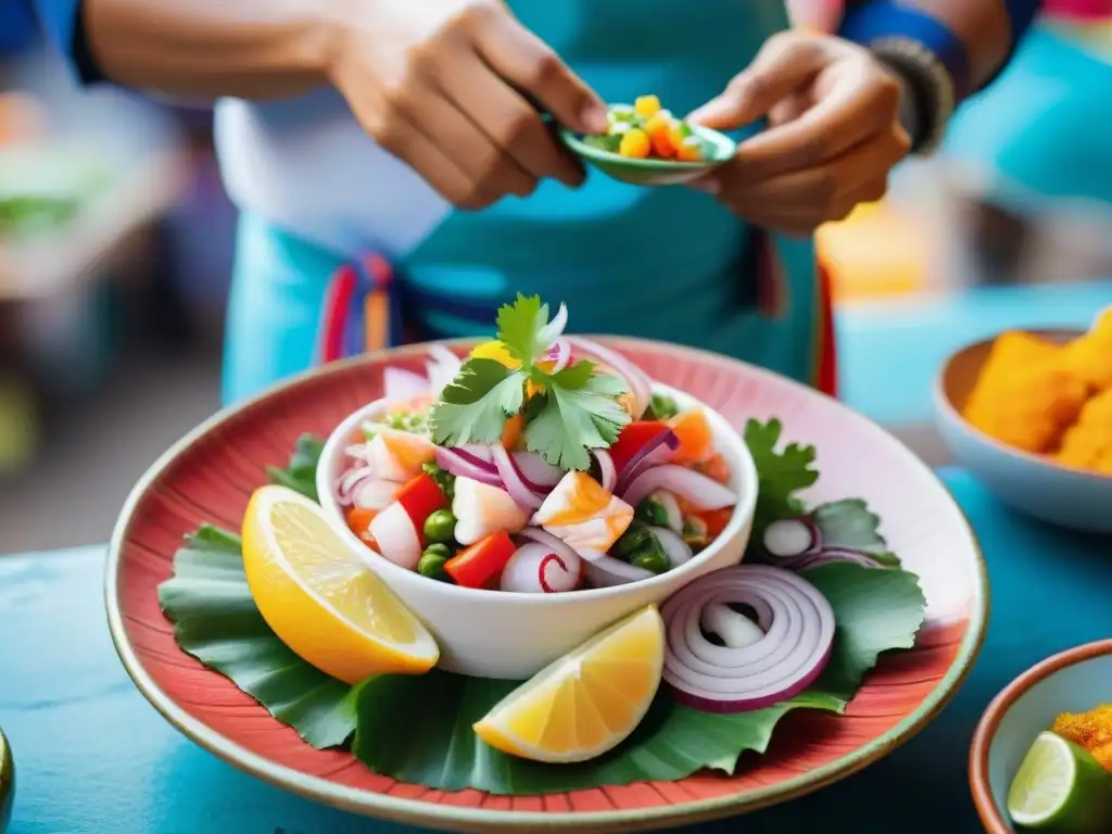 Maridaje de Pisco y vino con platos peruanos: ceviche fresco en mercado vibrante