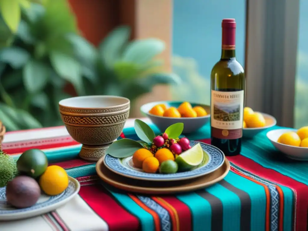 Maridaje de Piscos y Vinos Peruanos en mesa decorada con textiles y platos cerámicos