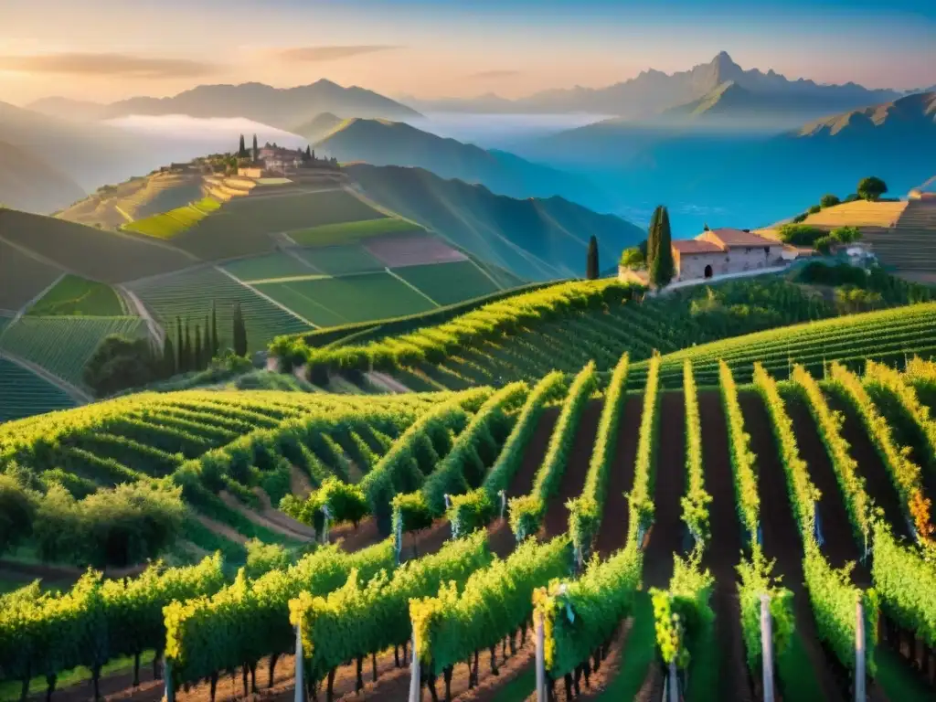 Maridaje de Piscos y Vinos Peruanos: Viñedo pintoresco al atardecer, con viñedos y montañas andinas al fondo