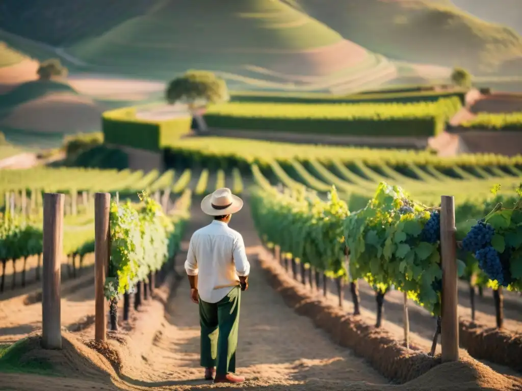 Maridaje Piscos Vinos Peruanos: Viñedo peruano al atardecer, viticultor inspecciona uvas bajo luz dorada