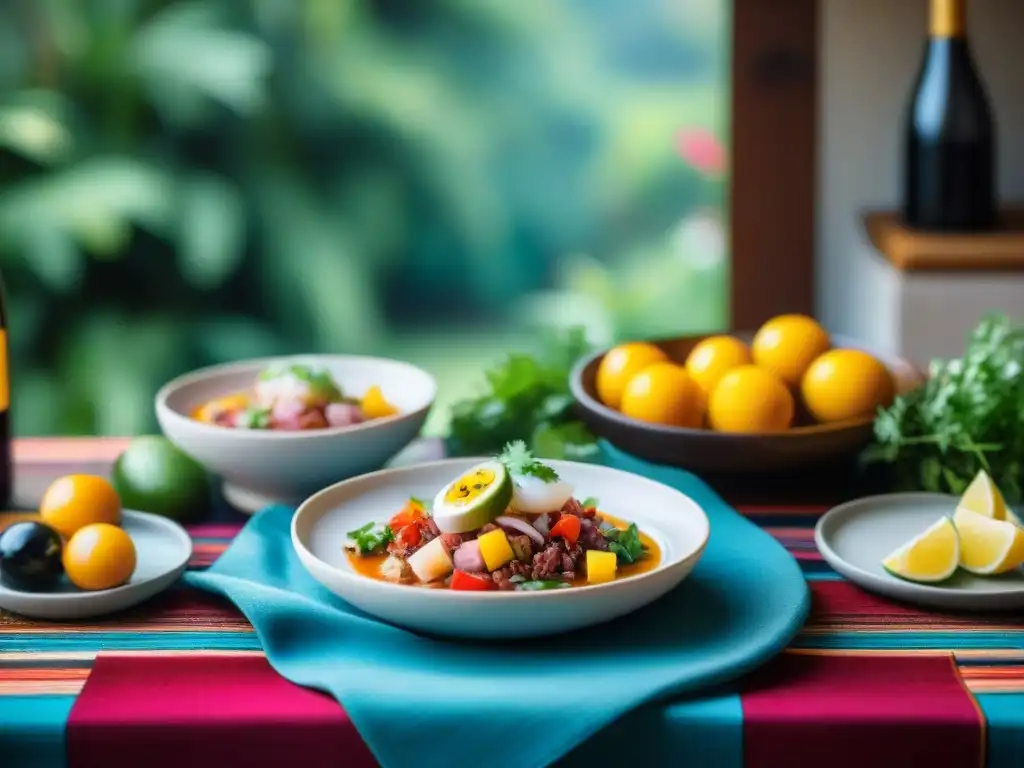 Maridaje de platos peruanos y vinos internacionales en mesa elegante con decoración colorida y exuberante vegetación