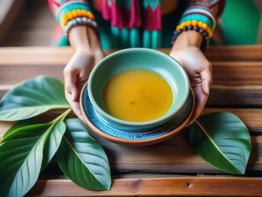 Masato peruano: tradición y color en una cerámica Preparación del Masato peruano: Detalle de cuenco de cerámica con Masato recién preparado, rodeado de hojas de plátano y mujeres indígenas