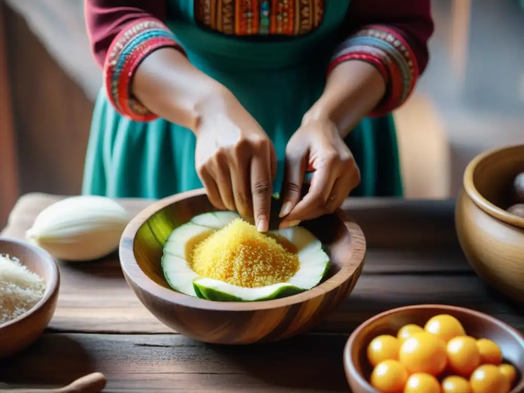 El arte ancestral de preparar Masato: manos peruanas en acción Preparación del Masato peruano: Detalle de manos que exprimen yuca en un tazón rústico, iluminadas por luz natural