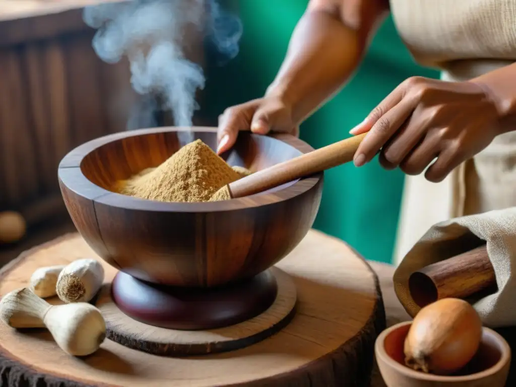 Proceso auténtico: mujer peruana preparando Masato con mortero de madera Preparación del Masato peruano: Detalle de mujer nativa moliendo yuca en mortero de madera, resaltando la tradición y destreza