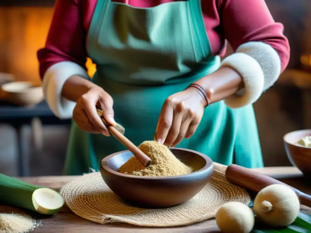 Preparación artesanal de Masato: tradición peruana Preparación del Masato peruano: Mujer peruana preparando con destreza la bebida ancestral, moliendo yuca en un mortero de madera