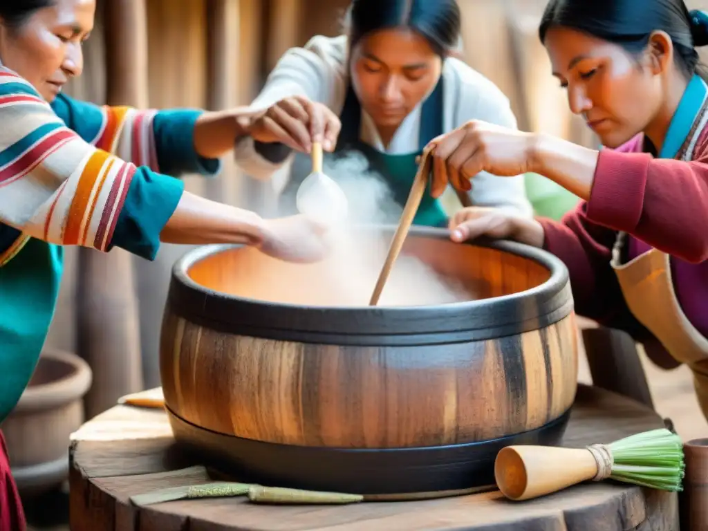 Preparación ancestral de Masato: destreza y tradición Preparación del Masato peruano: Indígenas peruanos elaborando la tradicional bebida en un entorno rústico y colorido
