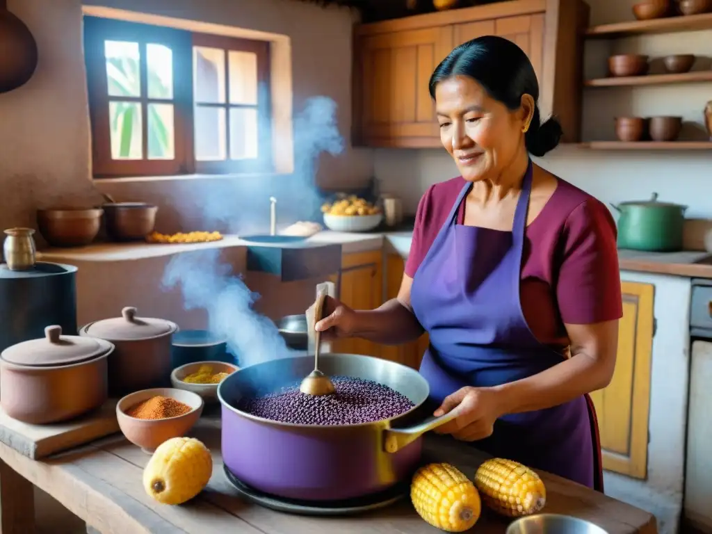 Matriarca peruana enseña receta chicha morada tradicional a su familia en cocina rústica