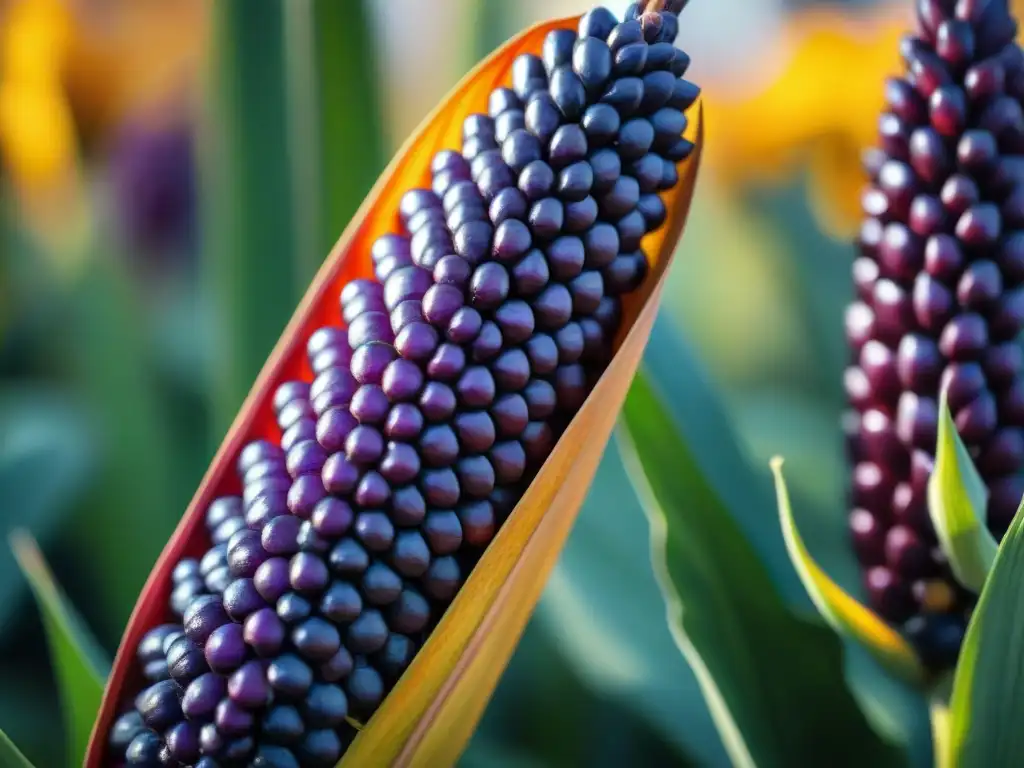 Una mazorca de maíz morado peruano con gotas de agua, resaltando su frescura y los beneficios antioxidantes del maíz morado