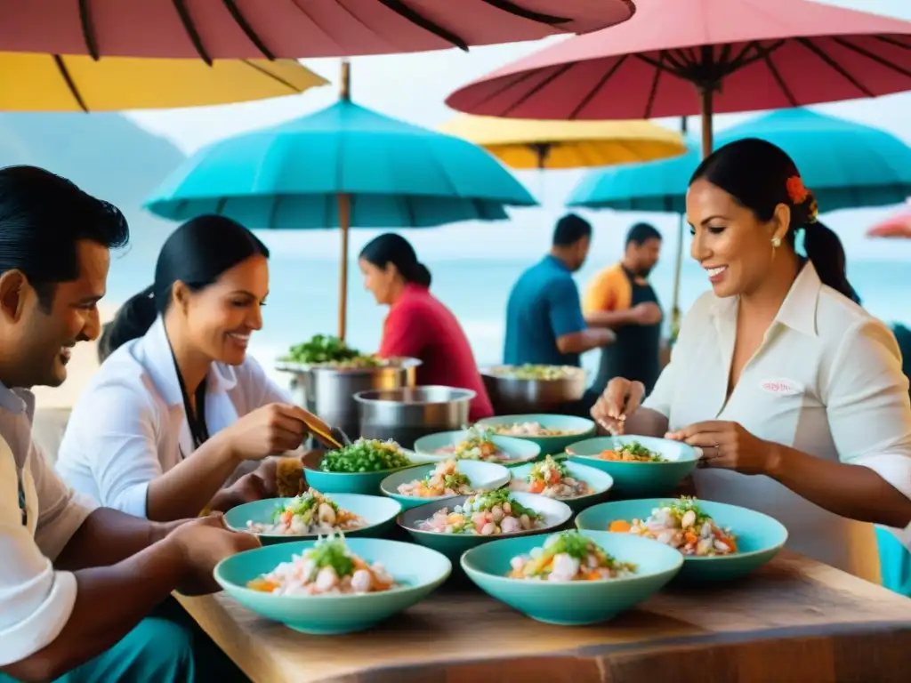 Mejores cevicherías norte Perú: Animada cevichería en Perú, con diversidad de comensales disfrutando de ceviche bajo sombrillas coloridas