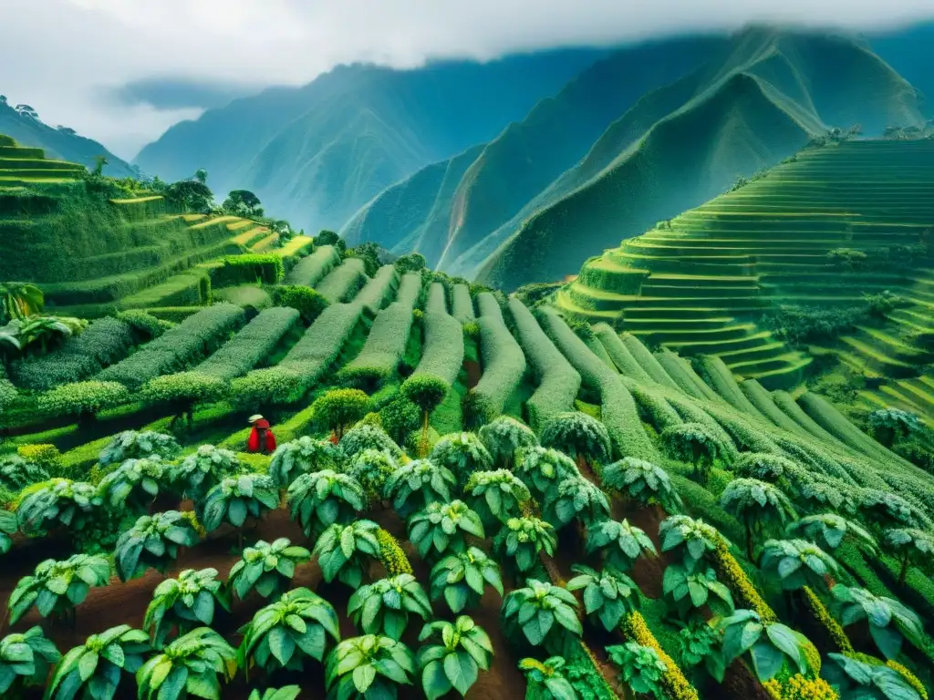 Plantación de café en Perú: recolección de los mejores granos de café peruano en medio de montañas neblinosas y cielo azul