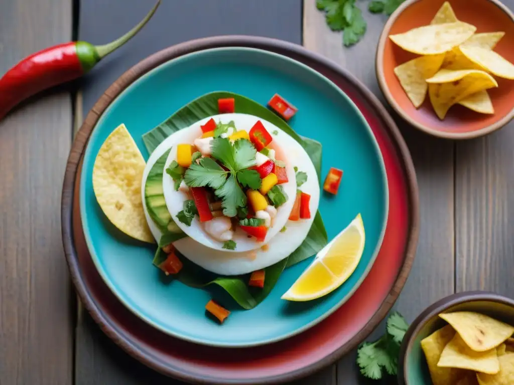 Mejores platos peruanos con pisco: Ceviche tradicional en plato colorido sobre mesa de madera rústica y fondo de textiles peruanos