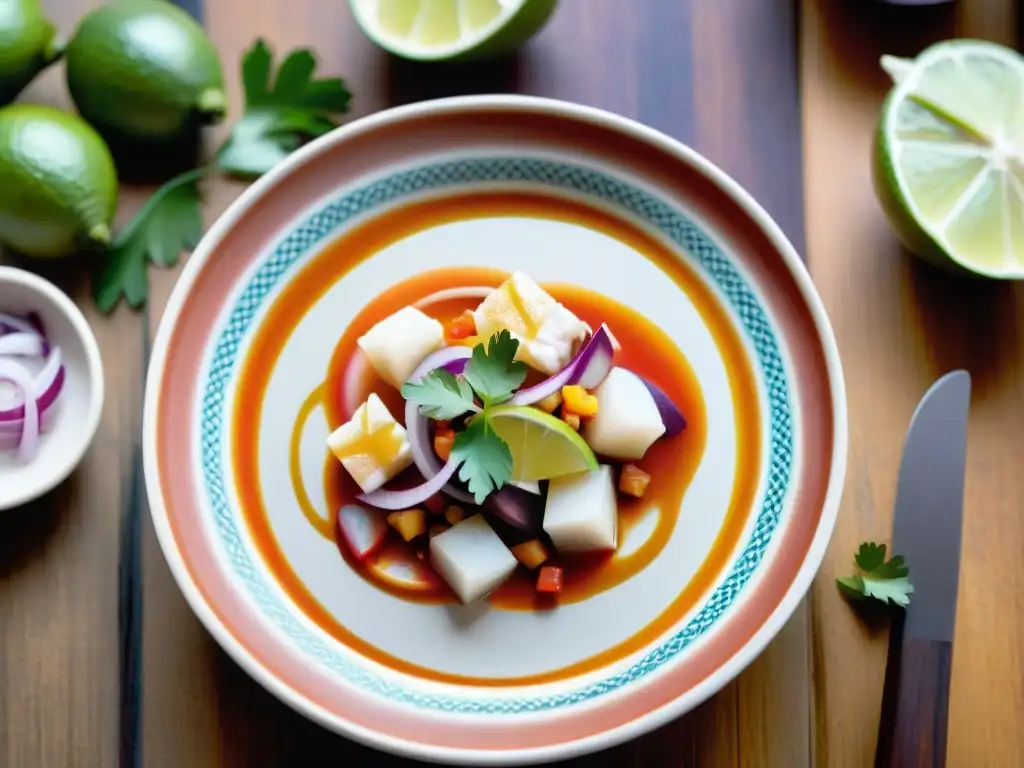 Mejores platos peruanos con pisco: Ceviche tradicional peruano en plato de cerámica vibrante, rodeado de limón y cilantro fresco