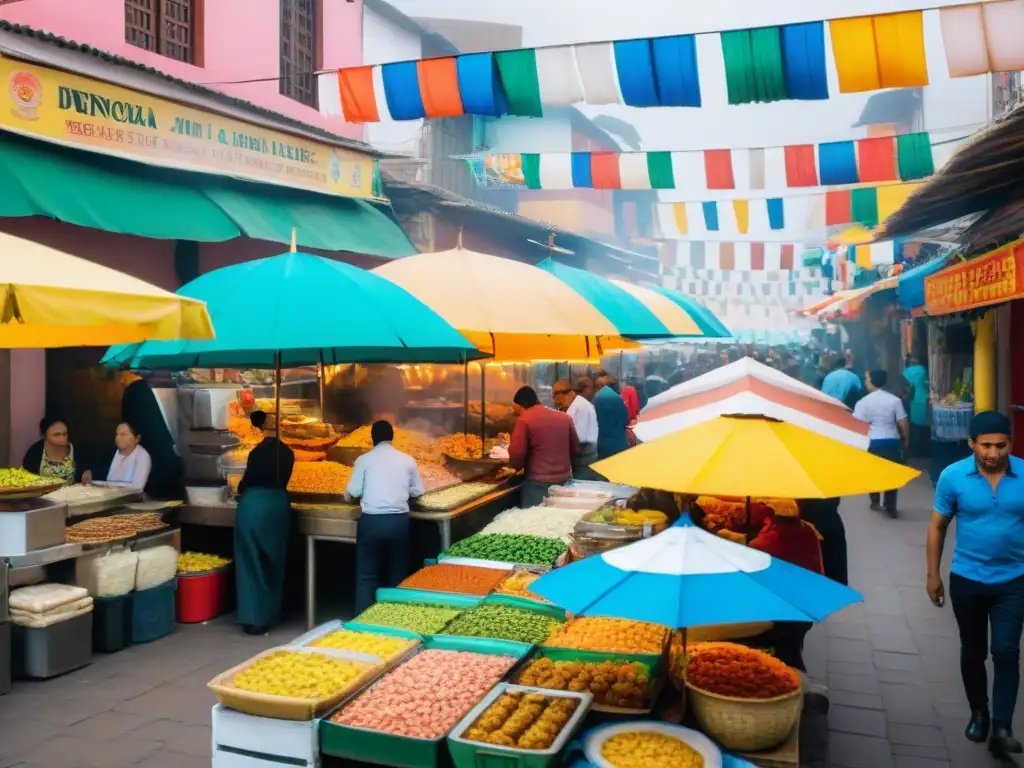 Mejores puestos comida callejera Lima: animado mercado de comida peruana con coloridos puestos y gente disfrutando de delicias tradicionales