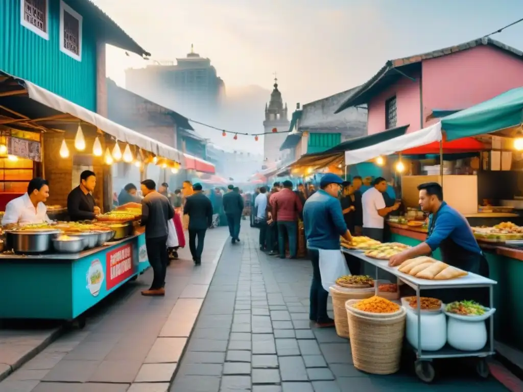 Mejores puestos comida callejera Lima: Coloridos puestos de comida tradicional peruana en una bulliciosa calle limeña