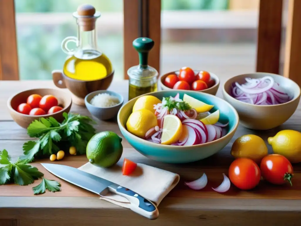 Menaje para preparar ceviche en casa: Herramientas y ingredientes dispuestos en una mesa rústica, listos para una experiencia culinaria vibrante