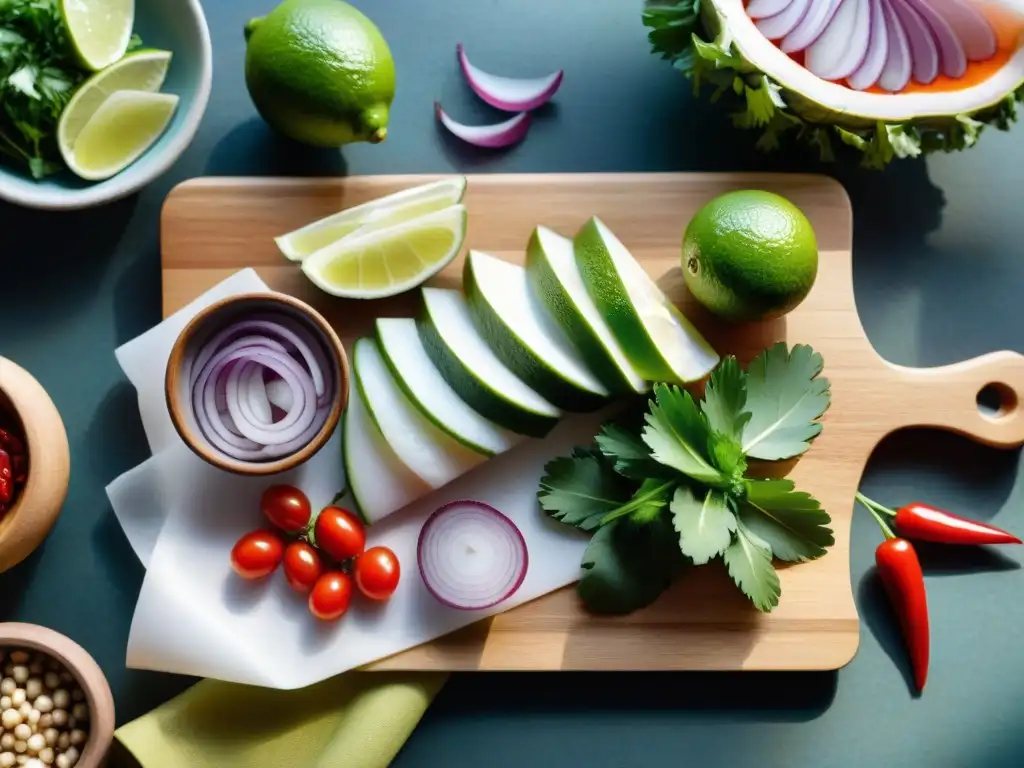 Menaje para preparar ceviche en casa: Ingredientes frescos y coloridos sobre tabla de madera rústica