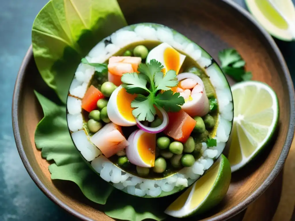 Menaje para preparar ceviche en casa: Detalle vibrante de ceviche peruano en molcajete tradicional