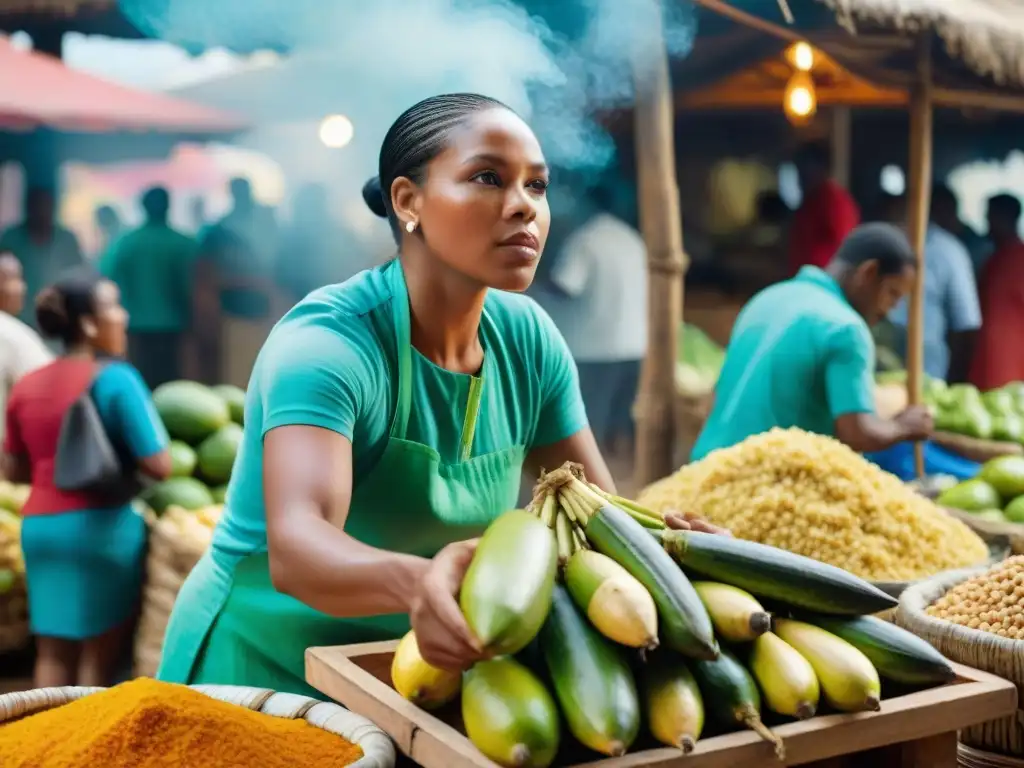 Un mercado afroperuano vibrante con ingredientes para Agua de Sapo receta tradicional, resaltando colores y cultura