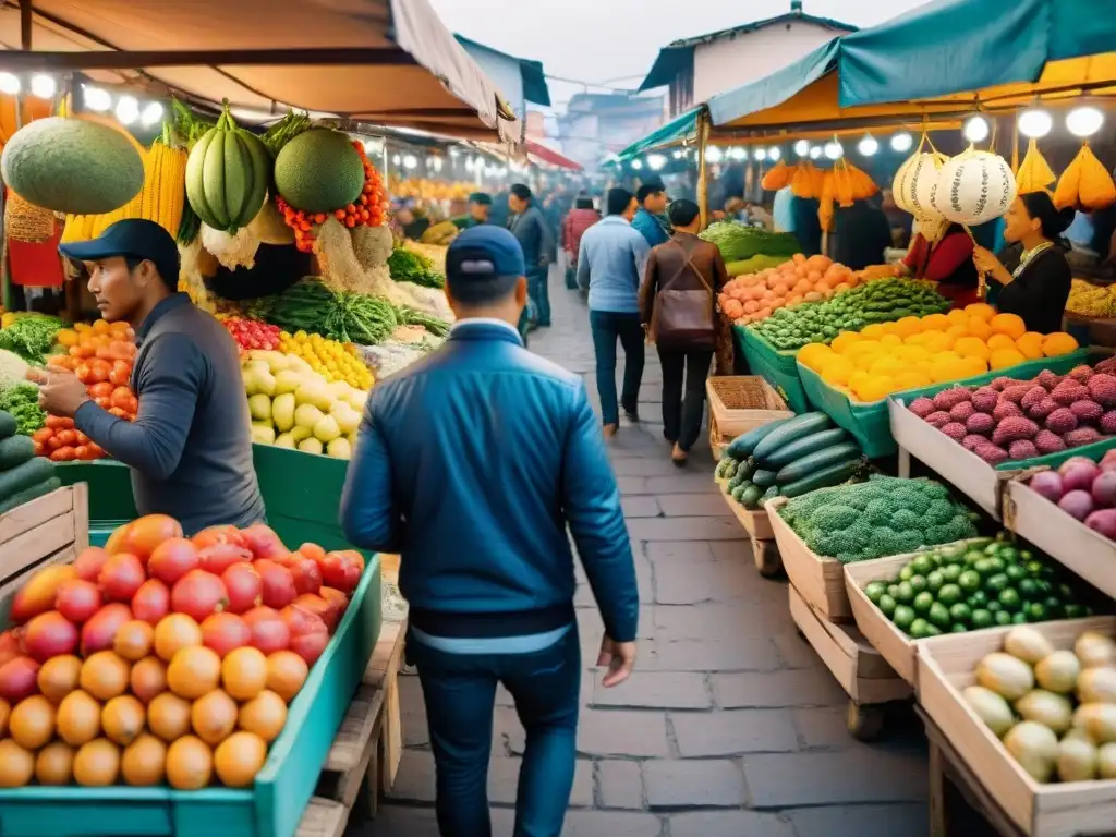 Un mercado de alimentos en Lima, Perú, bullicioso y vibrante, reflejando la rica cultura culinaria y las startups de alimentos en Perú