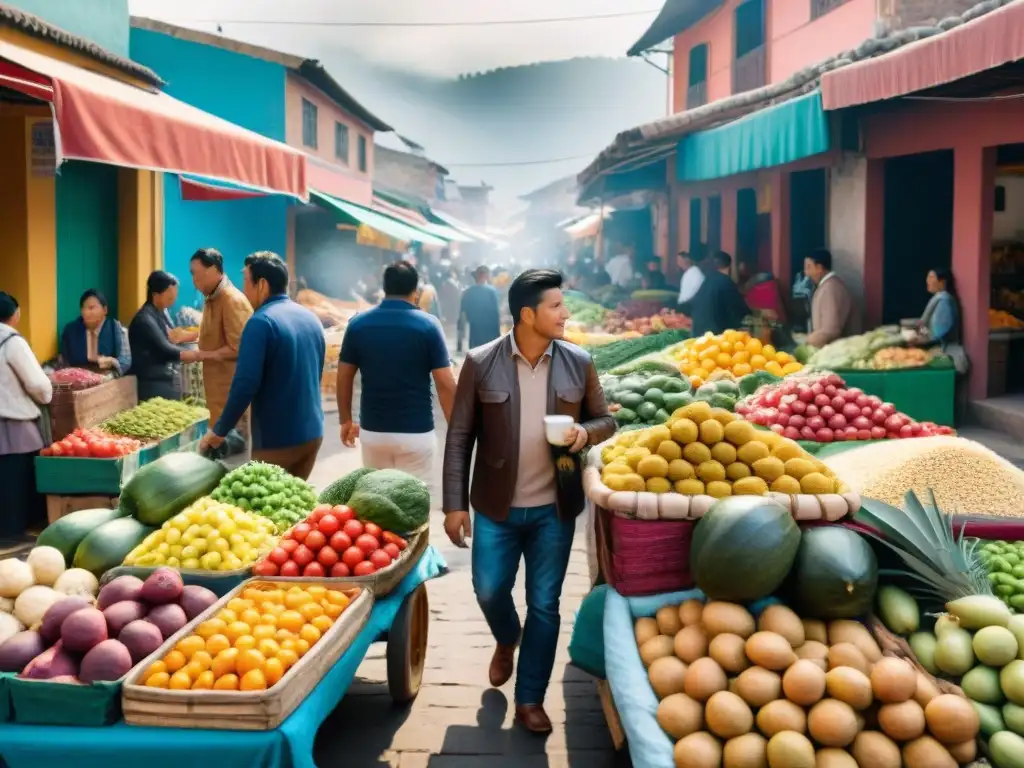 Un mercado de alimentos en Lima, mostrando colores vibrantes y gente diversa