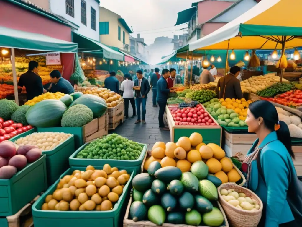 Un mercado de alimentos en Lima, Perú, con puestos coloridos y emprendedores de startups alimenticias