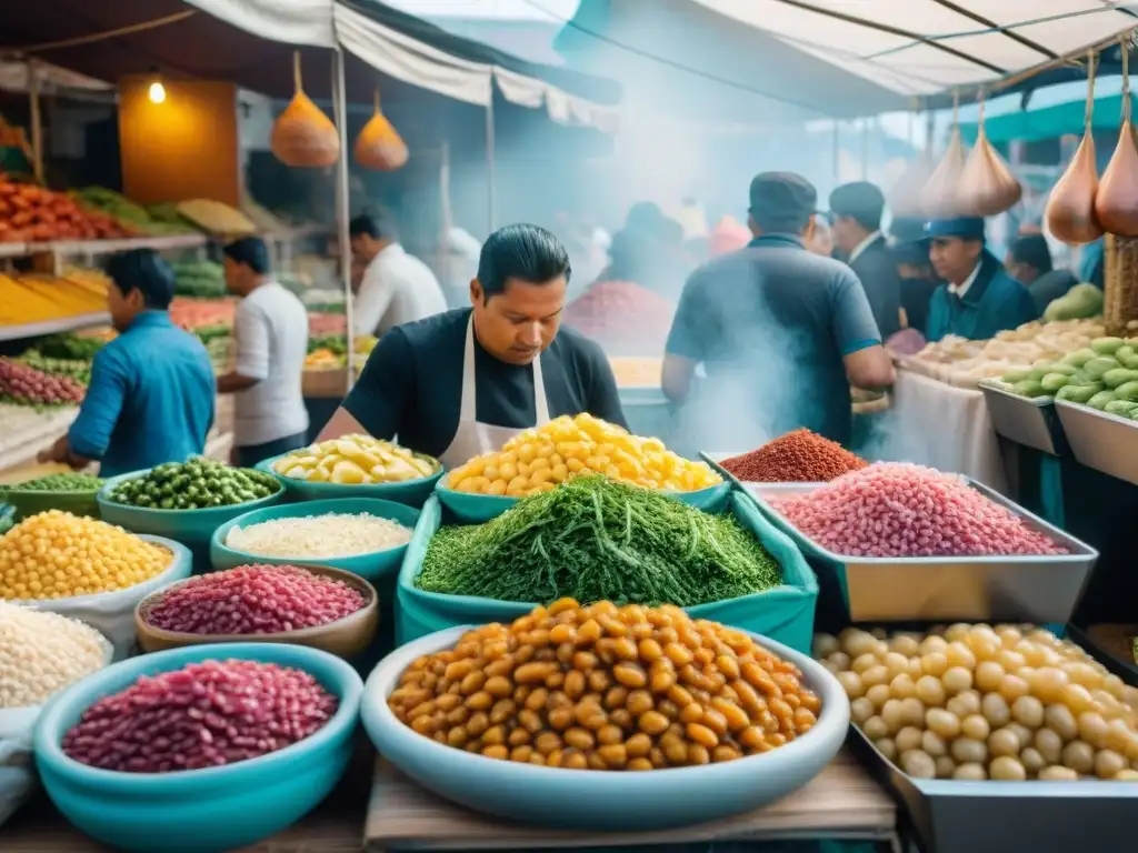 Mercado de alimentos en Lima, Perú, con puestos coloridos y energía vibrante