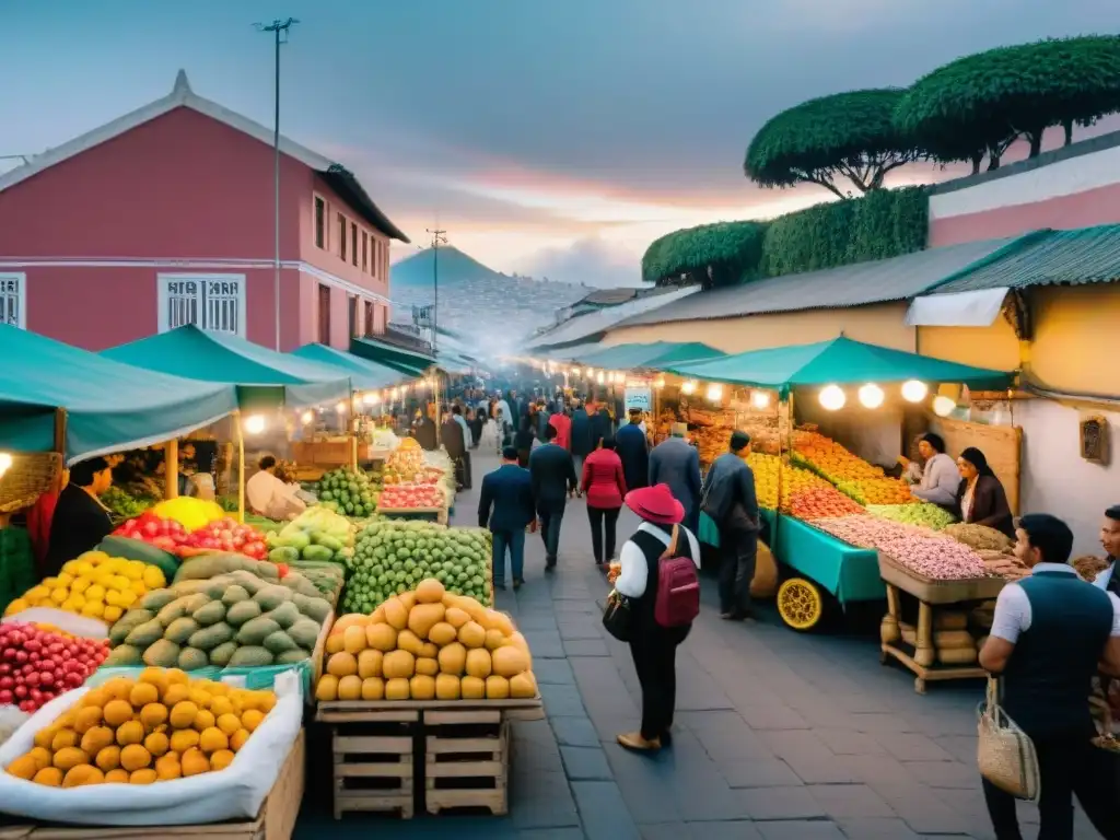 Un mercado de alimentos en Lima, Perú rebosante de coloridas frutas y platos tradicionales