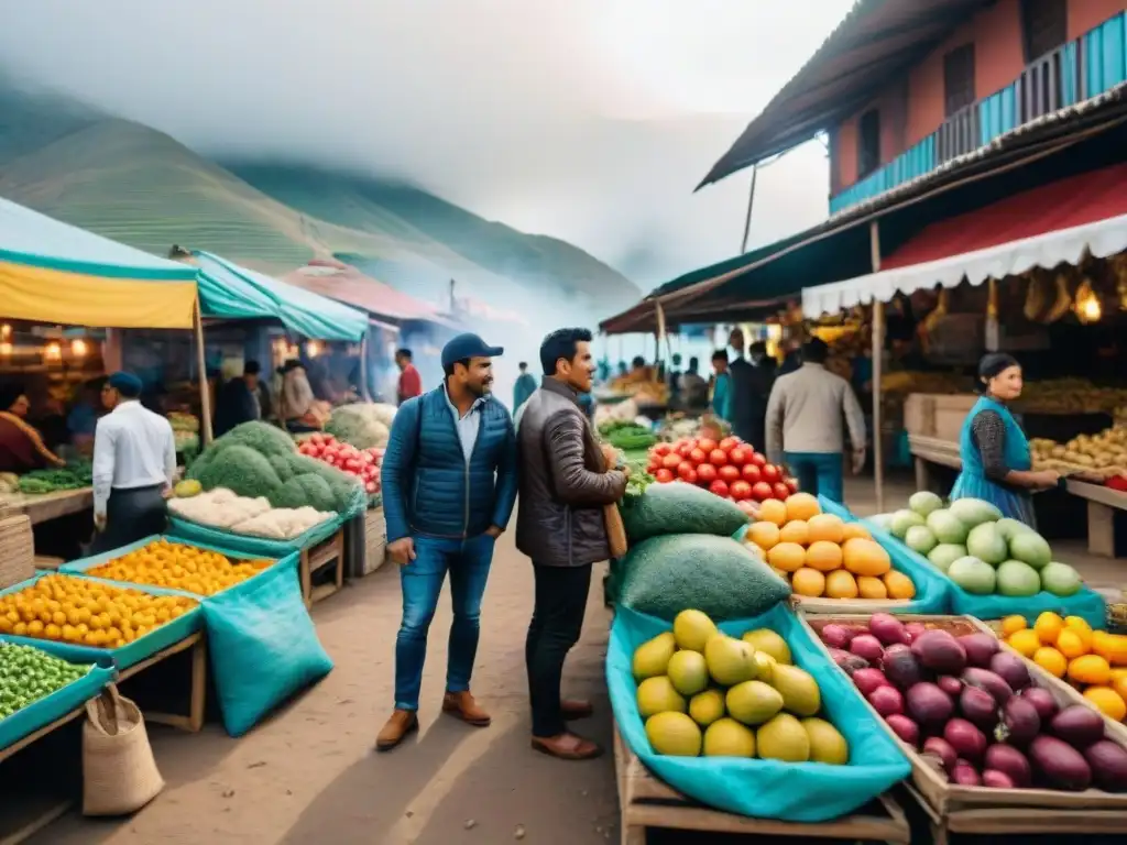 Un mercado de alimentos en Perú capital rebosante de vida y color, con emprendedores mostrando sus productos innovadores