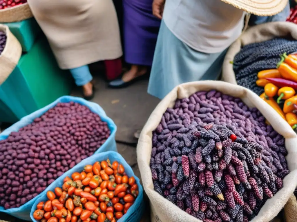 Un mercado de alimentos vibrante y bullicioso en Perú, con ingredientes locales coloridos y exóticos