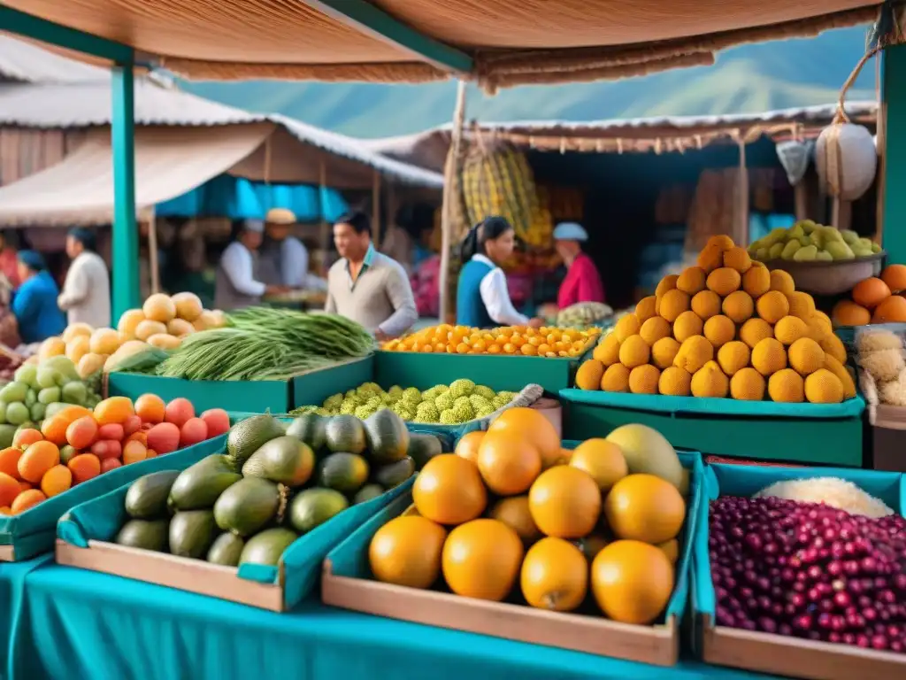 Un mercado de alimentos vibrante en Perú con productos frescos y coloridos, reflejando la tecnología alimenticia en Perú