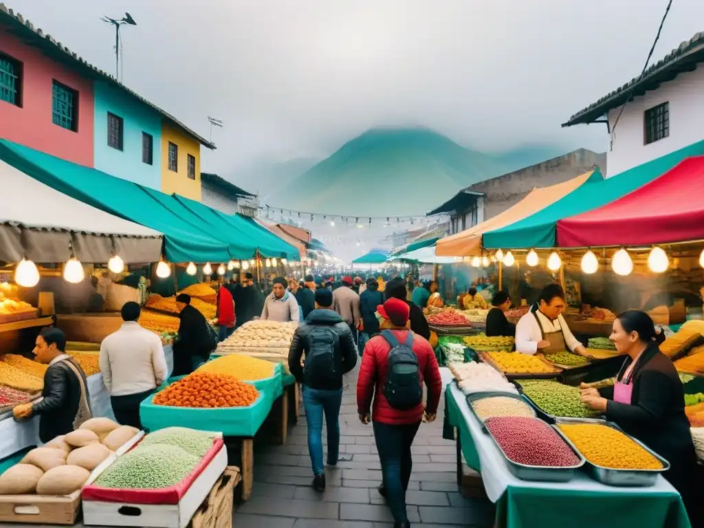 Mercado de alimentos vibrante en Lima, Perú, con puestos coloridos y variada comida callejera peruana