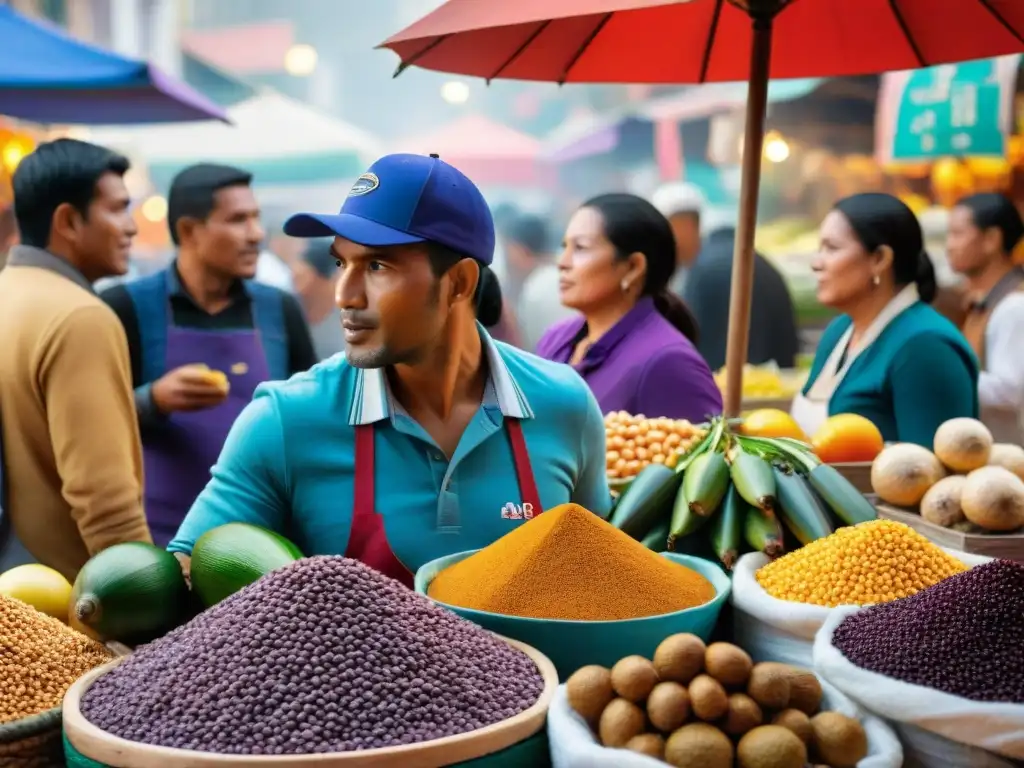 Mercado de alimentos en Lima, Perú con vibrantes colores y emprendedores presentando innovaciones