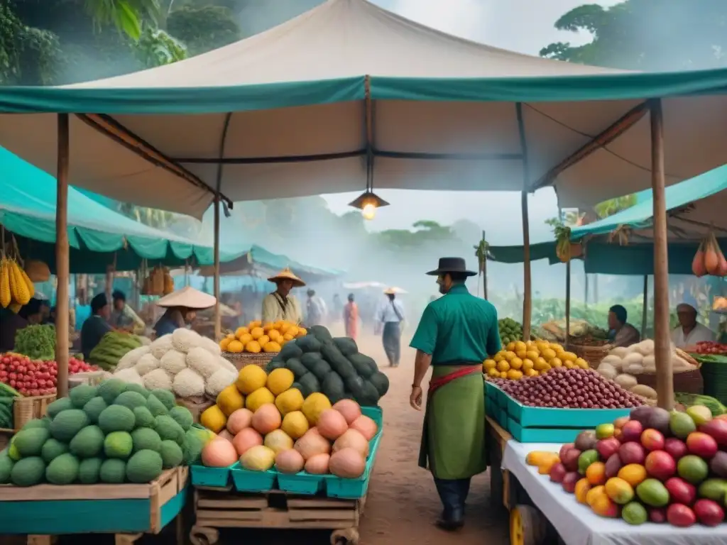 Mercado amazónico: colores y sabores auténticos Un mercado amazónico bullicioso lleno de frutas vibrantes, verduras exóticas y especias autóctonas