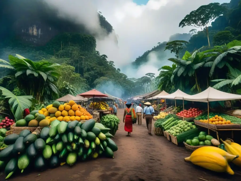 Un mercado amazónico bullicioso con piqueos selváticos y exóticos ingredientes, colores vibrantes y artesanías hechas a mano