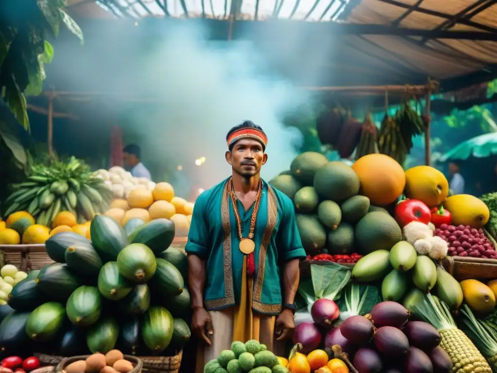 Un mercado amazónico vibrante con frutas, verduras y hierbas exóticas