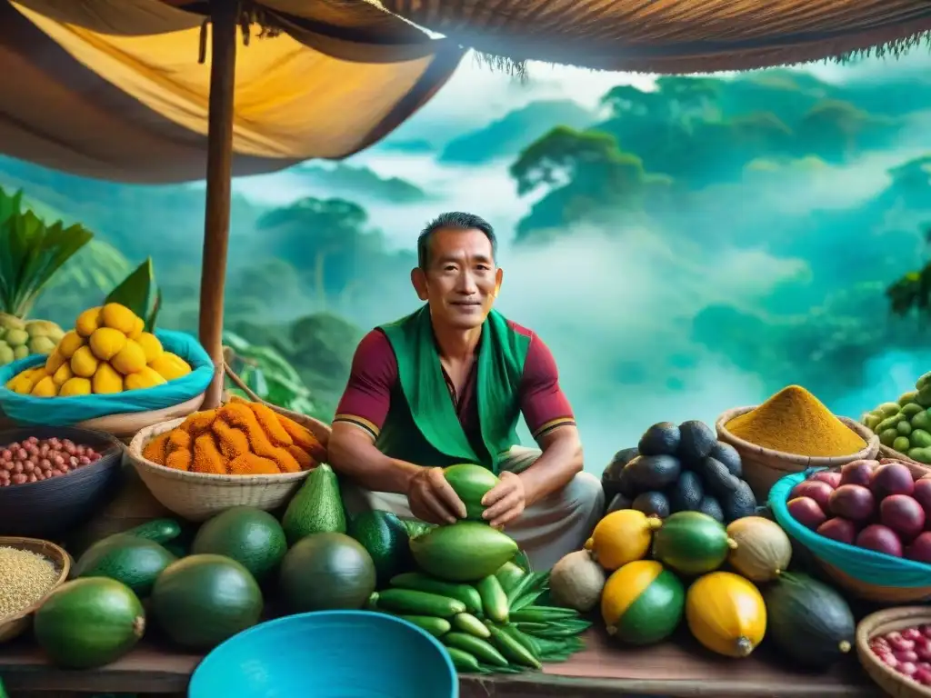 Un mercado amazónico vibrante con frutas exóticas, vendedores locales y artesanías coloridas bajo la luz del sol