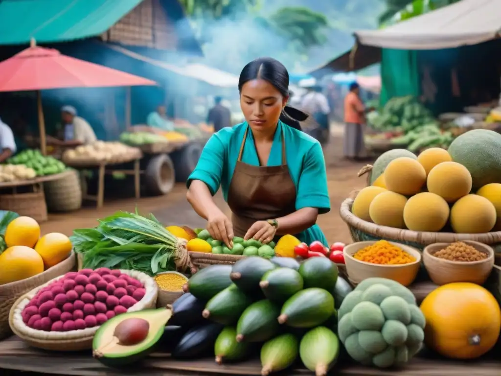 Un mercado amazónico vibrante con ingredientes autóctonos de la gastronomía peruana en un entorno natural y colorido