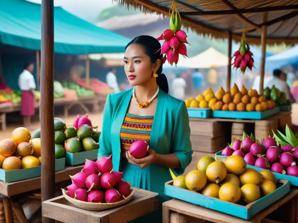 Un mercado amazónico vibrante lleno de frutas exóticas y textiles coloridos