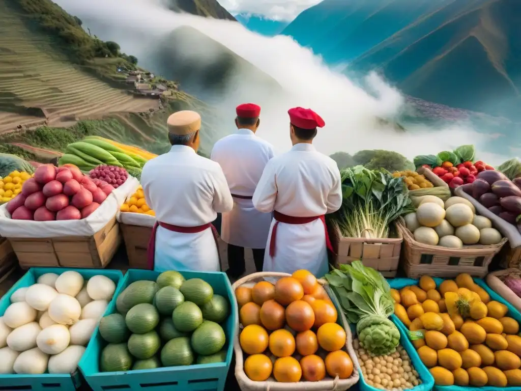 Un mercado andino bullicioso lleno de productos frescos y coloridos, donde la gastronomía peruana fusiones contemporáneas cobra vida