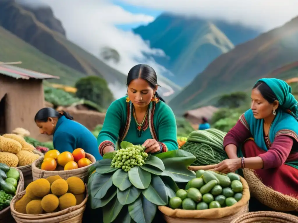 Un mercado andino bullicioso con vendedoras indígenas y paico, beneficios del paico como superalimento