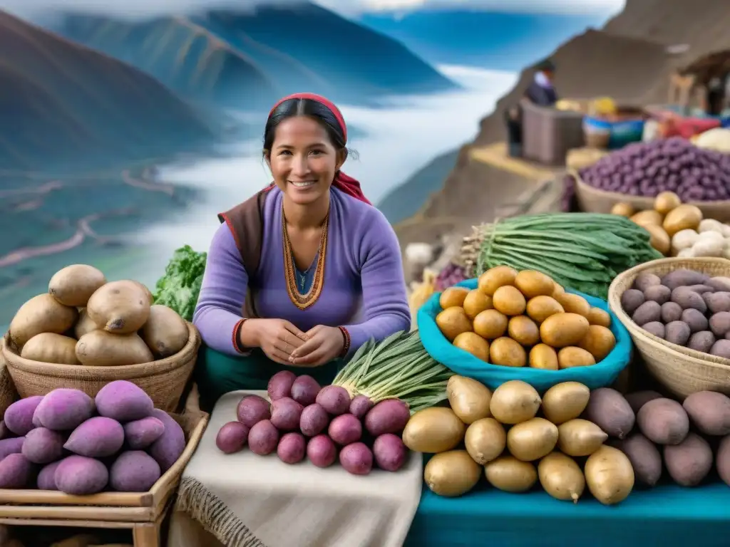 Mercado andino colorido con tubérculos tradicionales y cultivos, reflejo de la dieta mundial